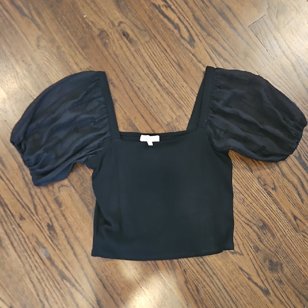 NWOT  Crop Top‎ In Black With See Through Puff Sleeves By Heartloom